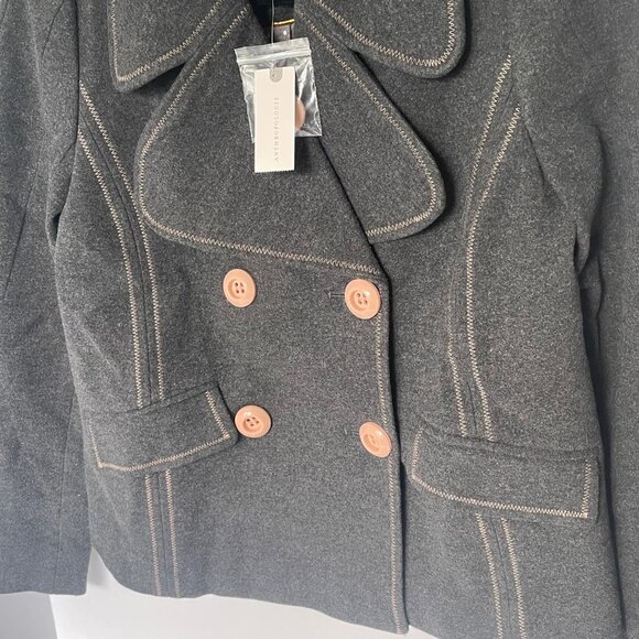 Anthropologie Jacket Peacoat Womens 2 Gray Cropped Blazer Contrast Trim Relaxed - Picture 3 of 13